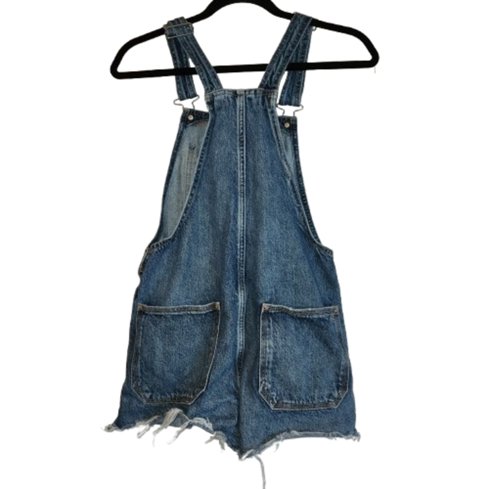 American Eagle Baggy Overall Short Size XS Frayed Hem Side Button Closures Denim - Picture 2 of 15